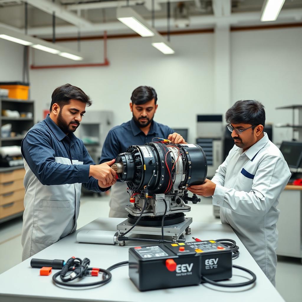 Technicians training on an EV motor at the allEV Skilling Centre